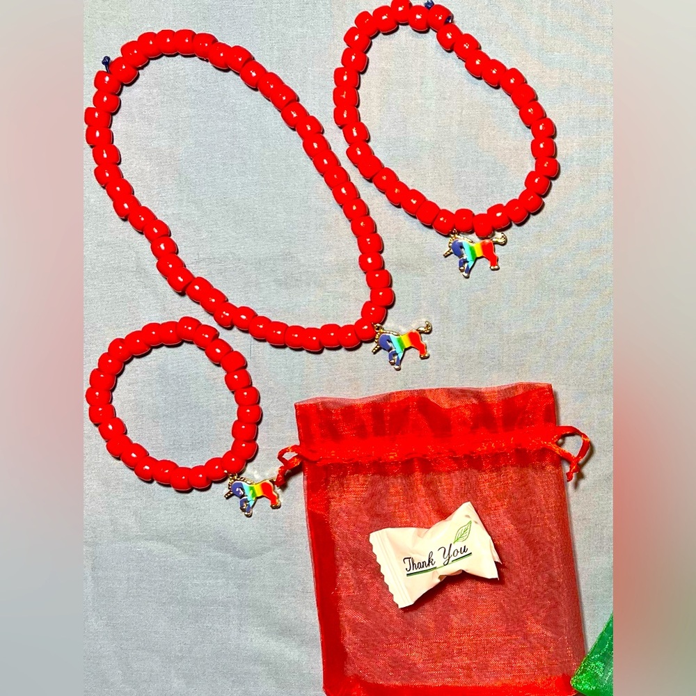 3-pc. Red bead choker/anklet/bracelet with rainbow unicorn charms. Teen/YA